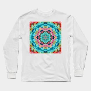 Retro Mandala Flower Blue Pink and Green Long Sleeve T-Shirt